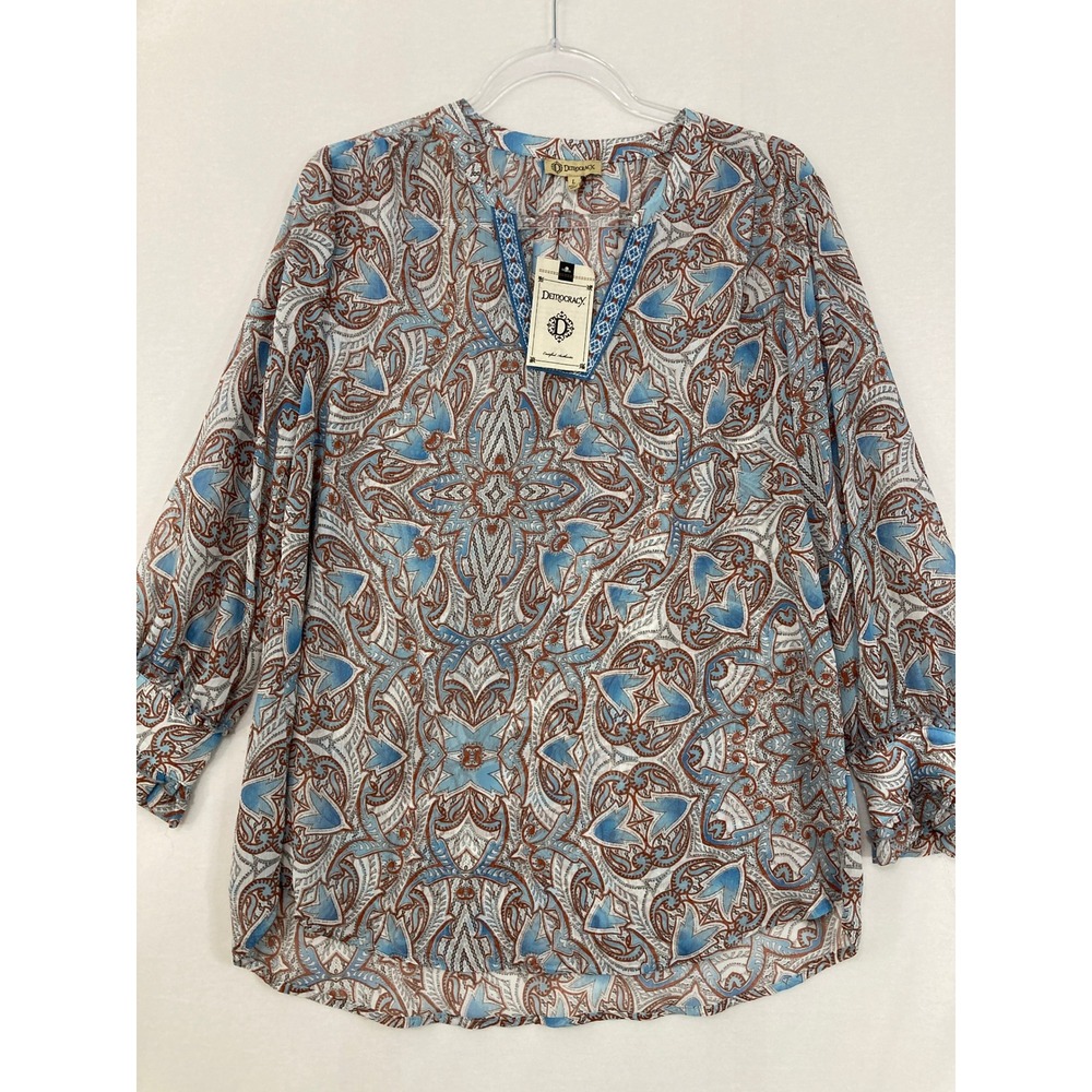 New Democracy Paisley Blouse Large Blue Brown Boho Split Neck Feminine